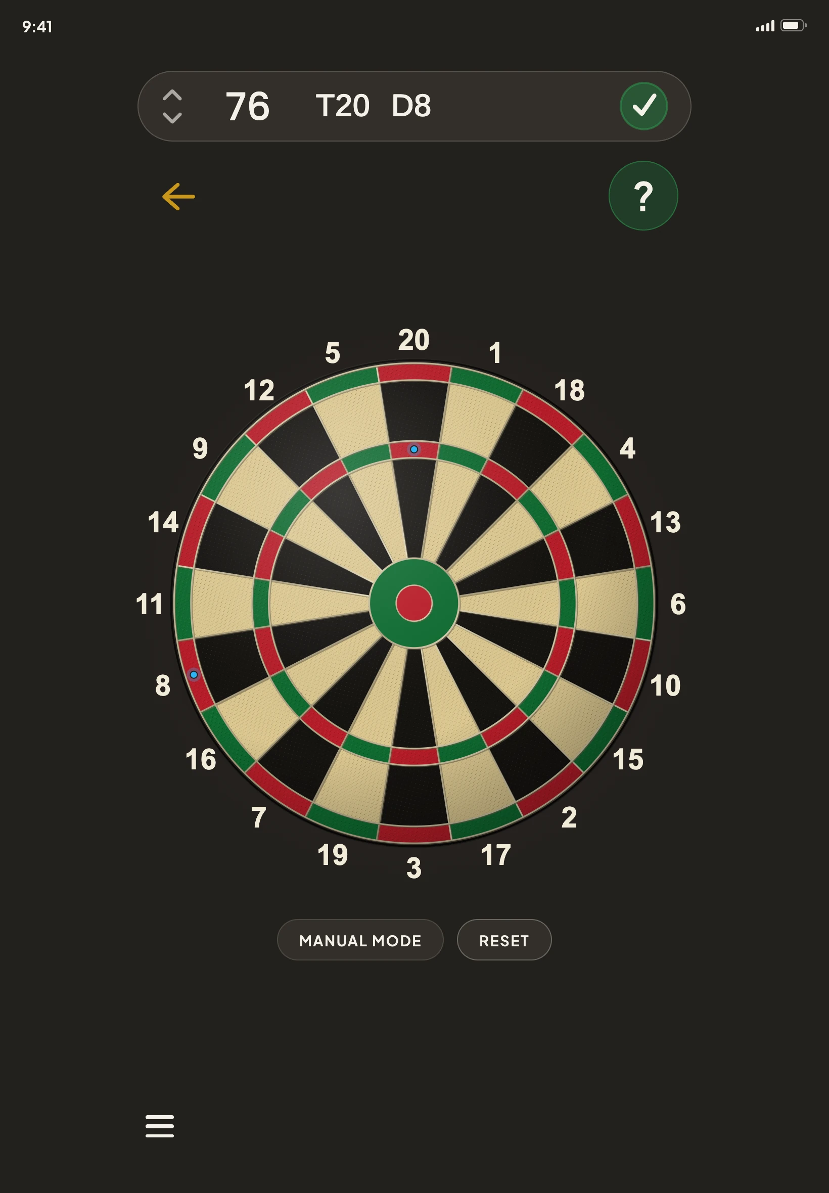 Darts Tapout on an iPad: 76, T20 D8, checked out with a green tick